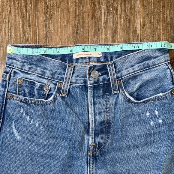 LEVI'S Premium Wedgie Straight Leg High Rise Blue Jeans Ankle distressed - Picture 5 of 13